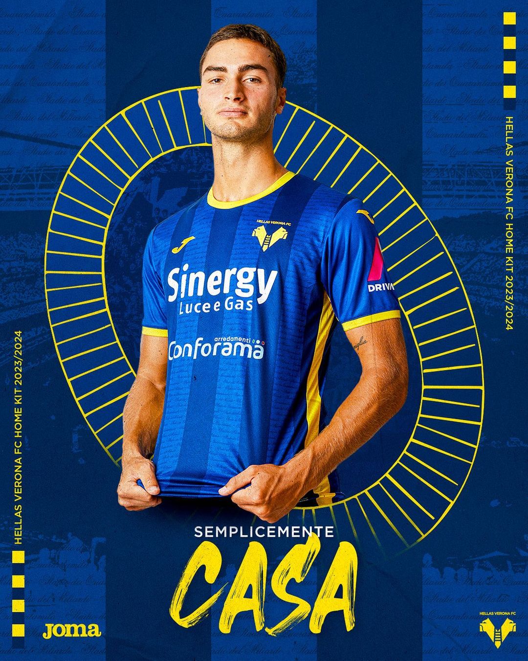 Maglie dell’Hellas Verona 2023-2024: l’esordio di Joma e i 60 anni del Bentegodi
