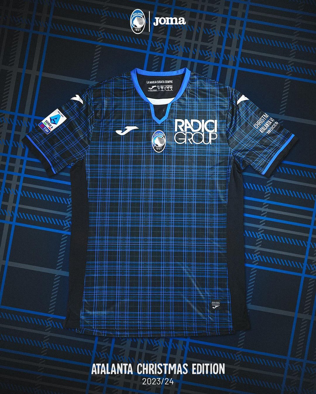 Maglia di Natale dell’Atalanta 2023-2024: il tartan nero di JOMA