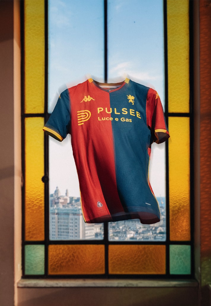 Maglie del Genoa CFC 2025-2026: stemma scomposto, Croce di San Giorgio e inno